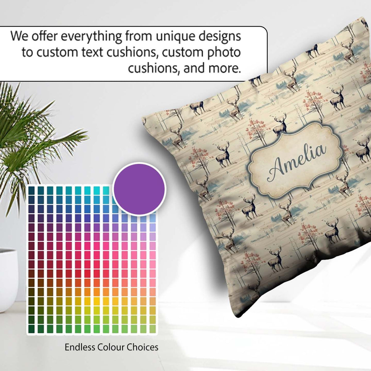 Custom Name Deer with Autumn Trees and Soft Nature Scene Pattern Square Filled Cushion Throw Pillow Sofa Bed Home Decor Zip Washable UK Made