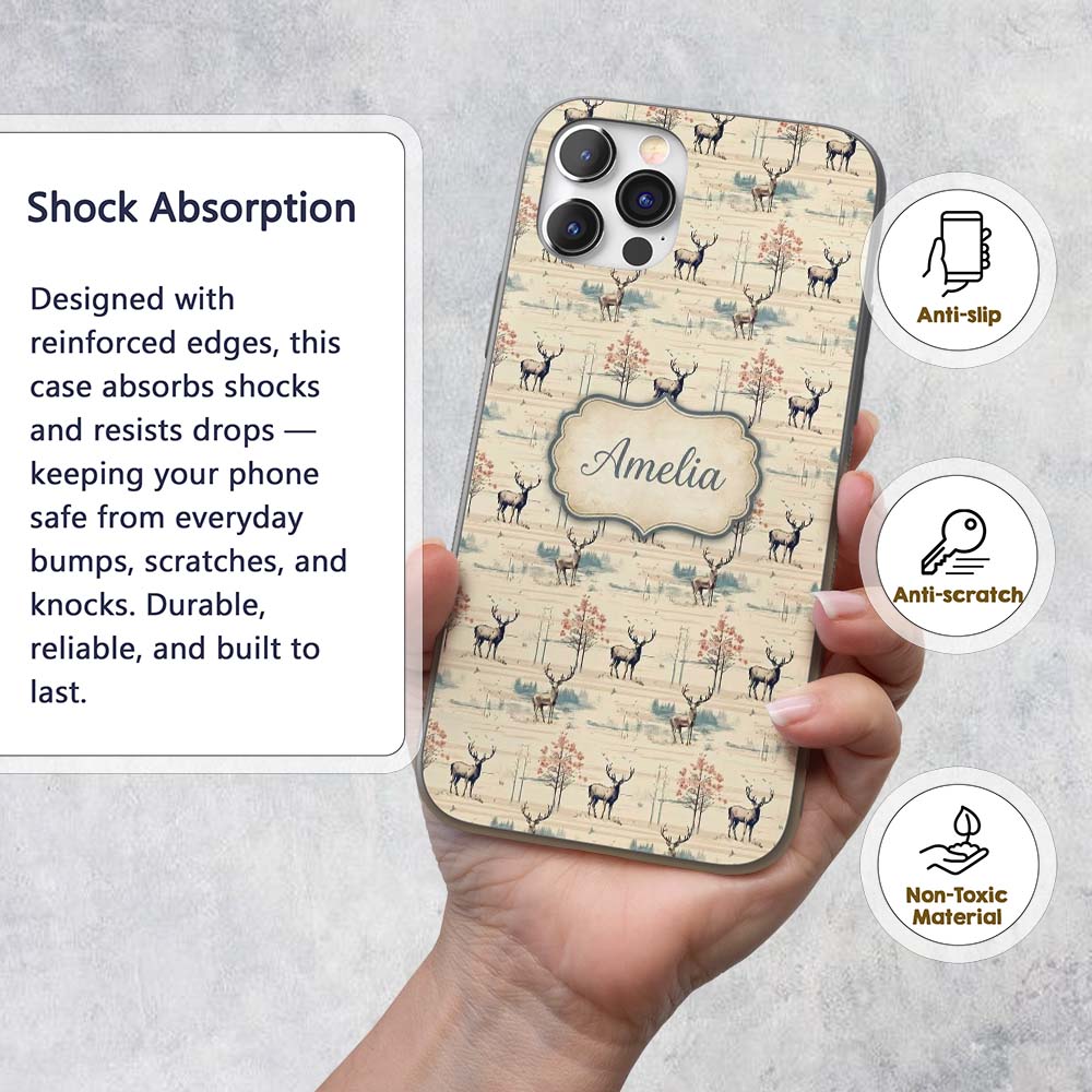 Deer with Autumn Trees and Soft Nature Scene Custom Name Protective Phone Case Mobile Cover Durable Everyday Smartphone Shock Resistant