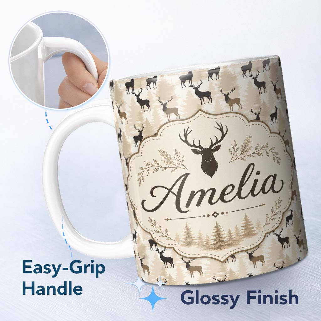 Personalized Custom Name Modern Deer Silhouette with Forest Background Neutral Tones 11oz Ceramic Coffee Tea Mug White Large Handle