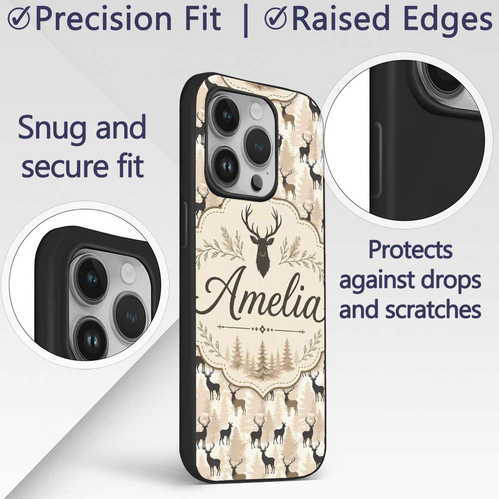 Modern Deer Silhouette with Forest Background Custom Name Protective Phone Case Mobile Cover Durable Everyday Smartphone Shock Resistant