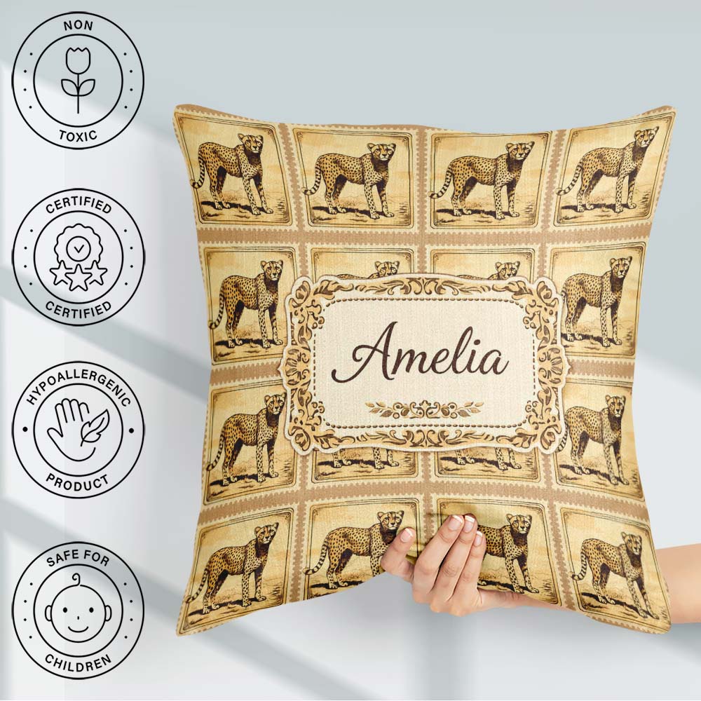 Custom Name Antique Cheetah Stamp Sepia Safari Wildlife Seamless Square Filled Cushion Throw Pillow Sofa Bed Home Decor Zip Washable UK Made