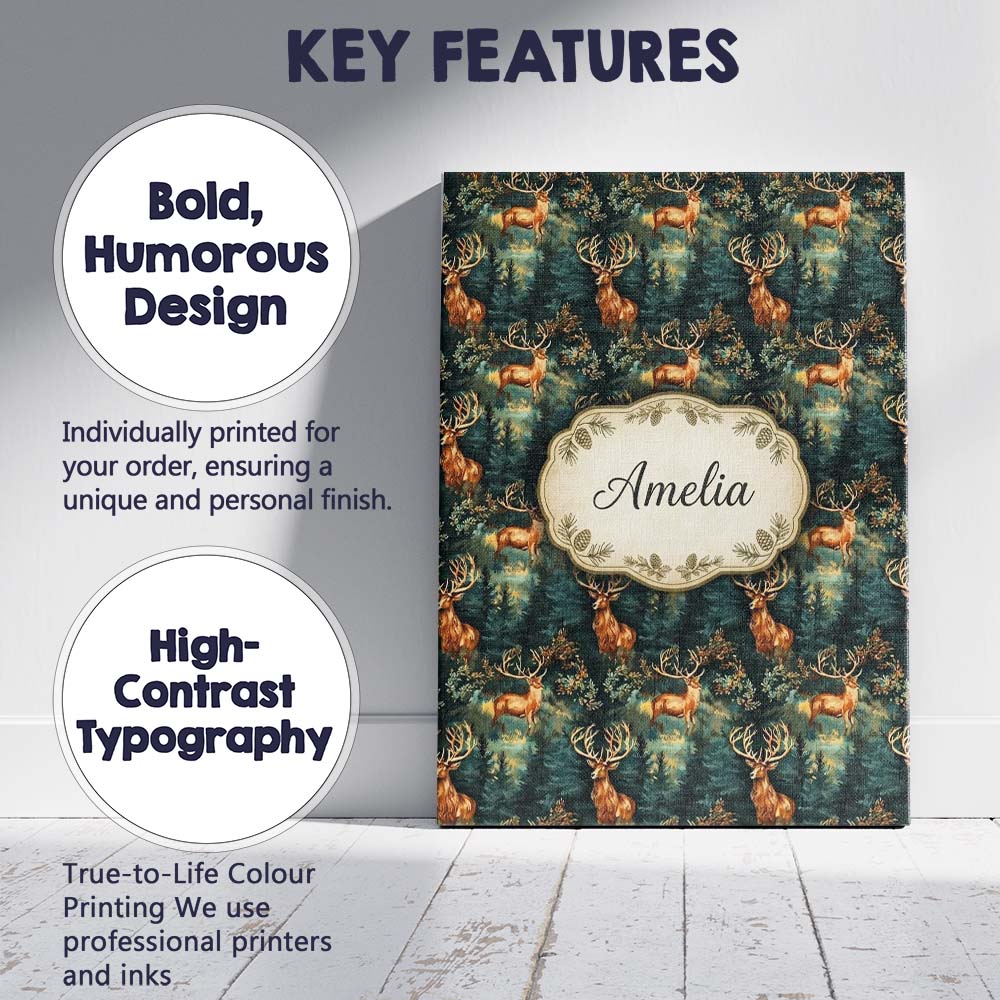 Personalised Name Majestic Deer in Deep Custom Modern Room Accent Elegant Feature Canvas Wall Art Print Decor Picture Ready to Hang