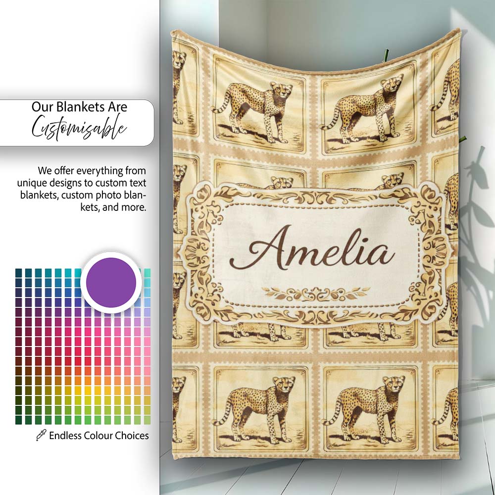 Antique Cheetah Postage Stamp Sepia Safari Wildlife Seamless Pattern Personalised Custom Name Super Soft Fleece Blanket Bed Sofa Throw