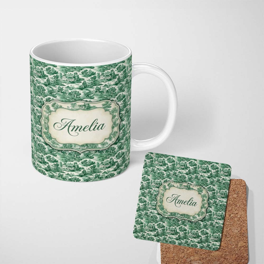 Personalized Custom Name Classic Green Toile Countryside Village Scenic Landscape Seamless 11oz Ceramic Coffee Tea Mug White Large Handle