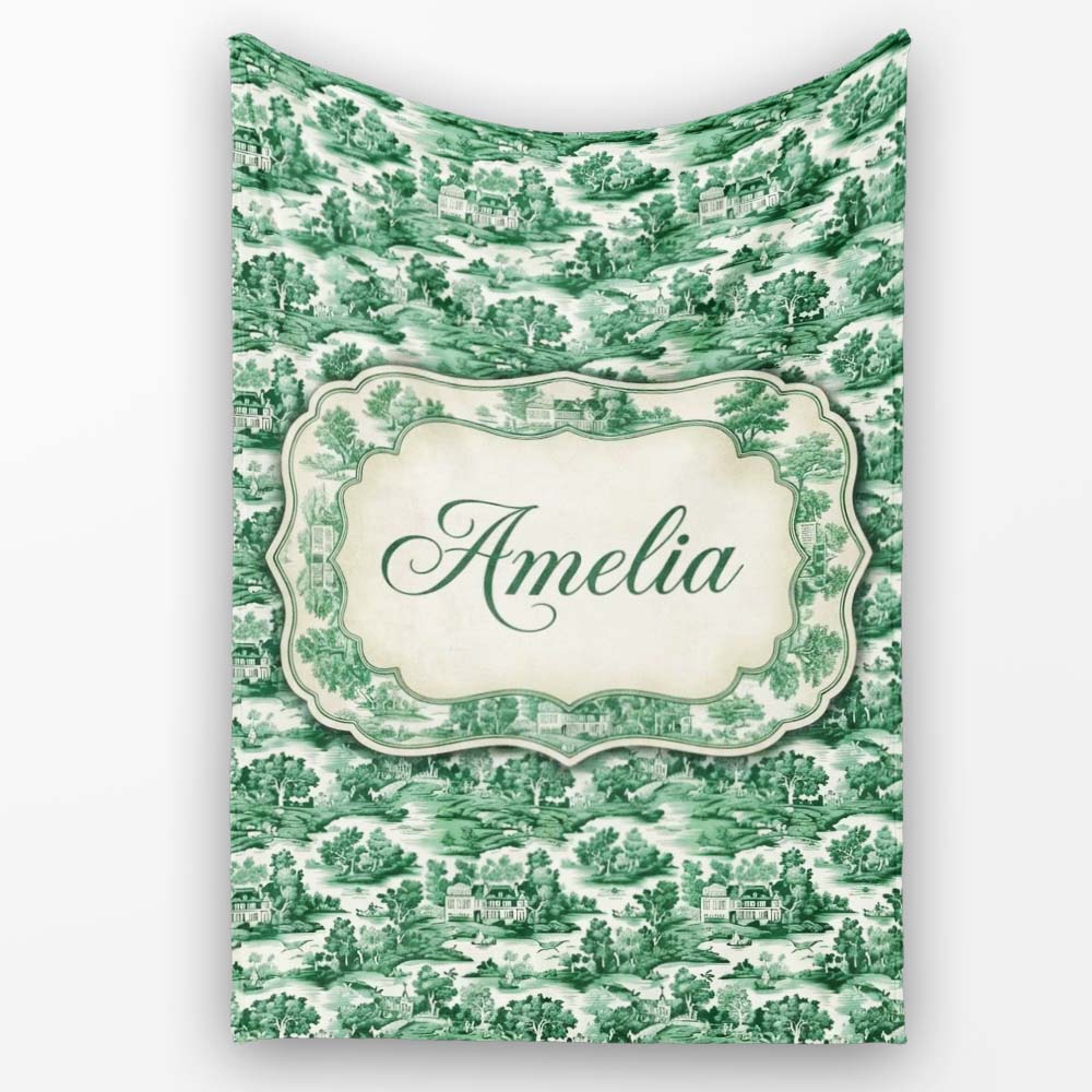 Classic Green Toile Countryside Village Scenic Landscape Seamless Personalised Custom Name Super Soft Fleece Blanket Bed Sofa Throw