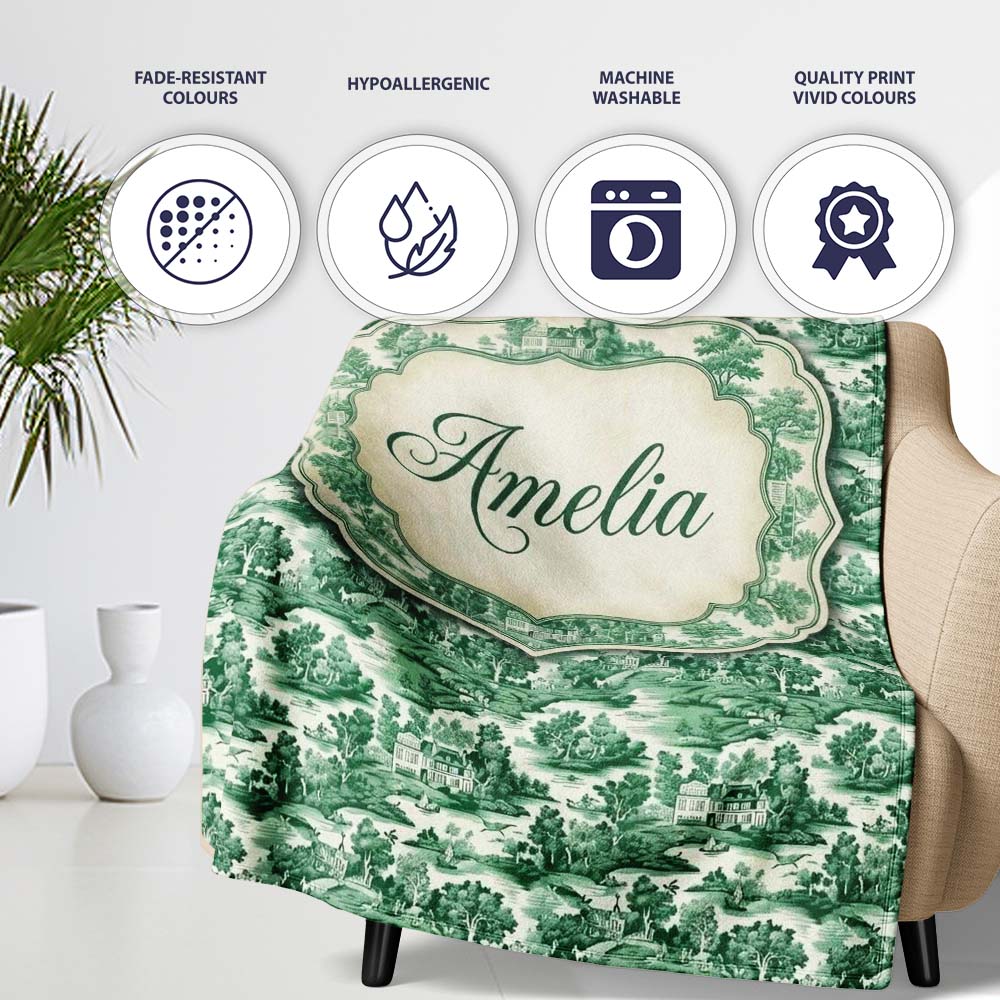 Classic Green Toile Countryside Village Scenic Landscape Seamless Personalised Custom Name Super Soft Fleece Blanket Bed Sofa Throw