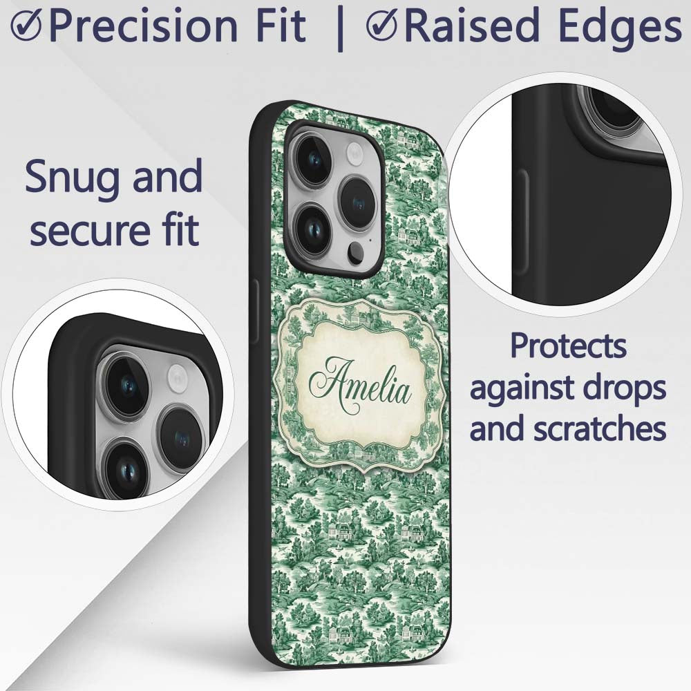 Classic Green Toile Countryside Village Scenic Custom Name Protective Phone Case Mobile Cover Durable Everyday Smartphone Shock Resistant