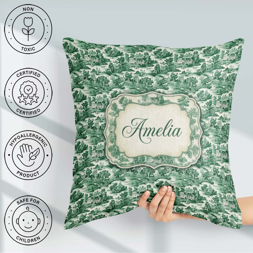 Custom Name Classic Green Countryside Village Landscape Seamless Square Filled Cushion Throw Pillow Sofa Bed Home Decor Zip Washable UK Made
