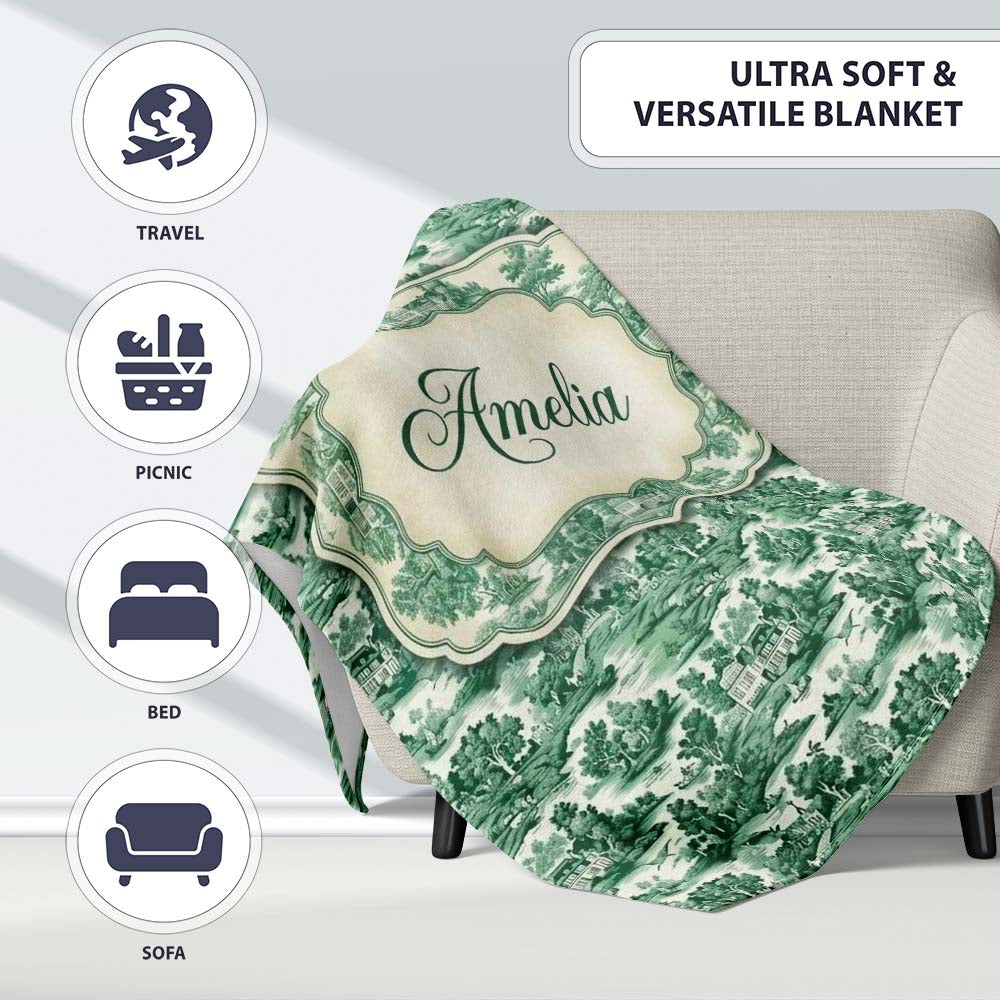 Classic Green Toile Countryside Village Scenic Landscape Seamless Personalised Custom Name Super Soft Fleece Blanket Bed Sofa Throw