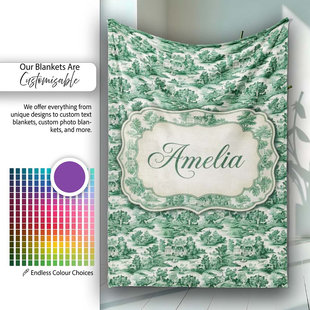 Classic Green Toile Countryside Village Scenic Landscape Seamless Personalised Custom Name Super Soft Fleece Blanket Bed Sofa Throw