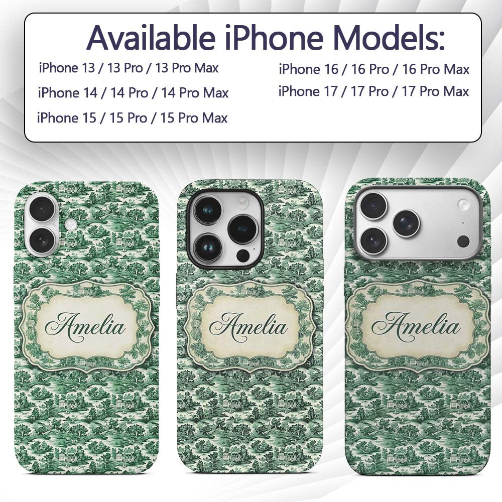 Classic Green Toile Countryside Village Scenic Custom Name Protective Phone Case Mobile Cover Durable Everyday Smartphone Shock Resistant