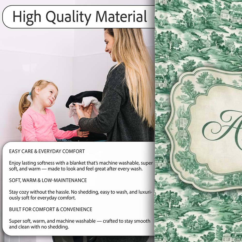 Classic Green Toile Countryside Village Scenic Landscape Seamless Personalised Custom Name Super Soft Fleece Blanket Bed Sofa Throw