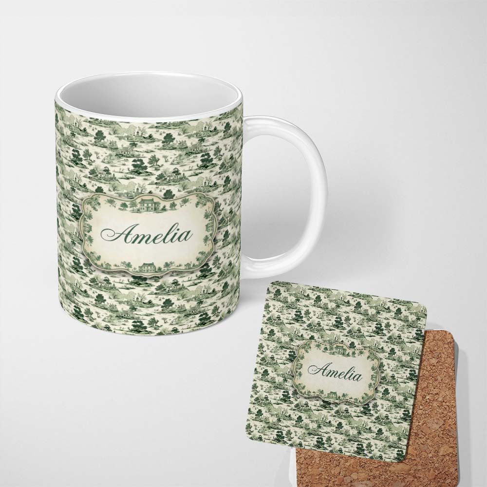 Personalized Custom Name Vintage Pastoral Village River and Trees Scenic Toile Seamless 11oz Ceramic Coffee Tea Mug White Large Handle