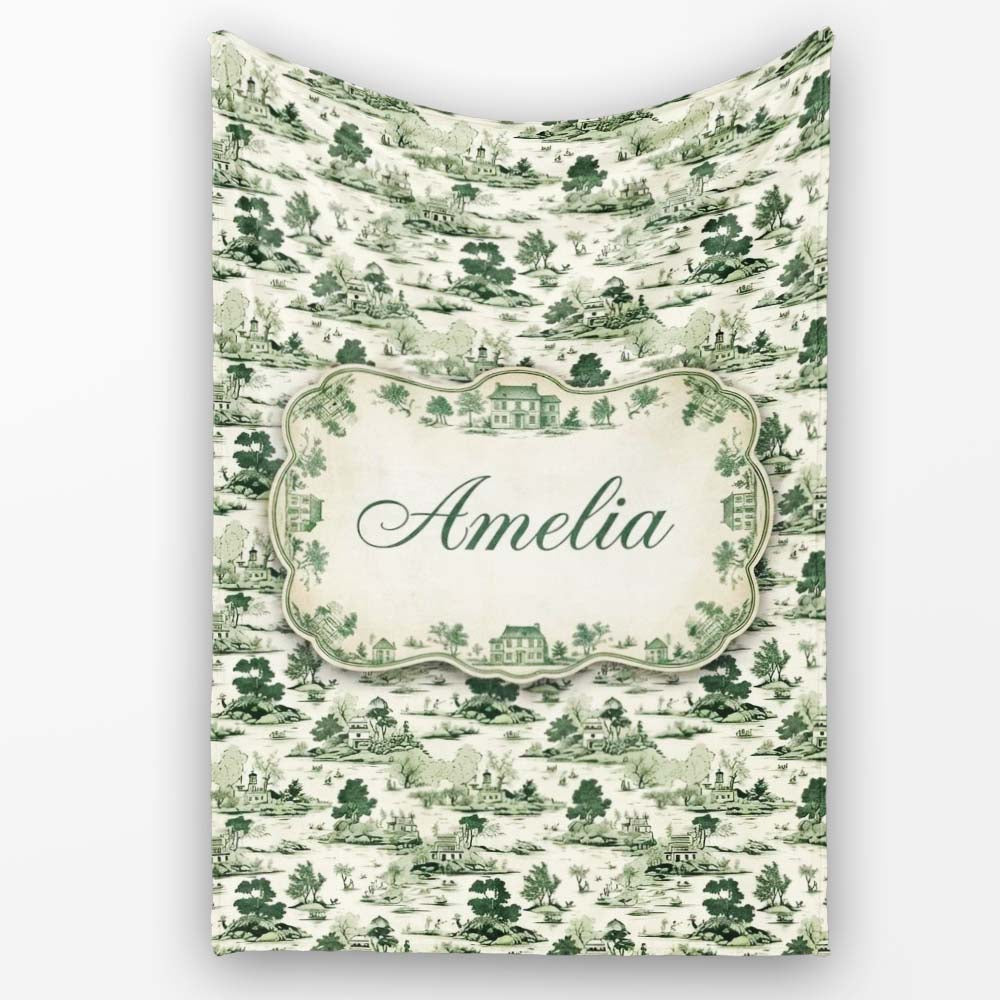 Vintage Pastoral Village River and Trees Scenic Toile Seamless Personalised Custom Name Super Soft Fleece Blanket Bed Sofa Throw