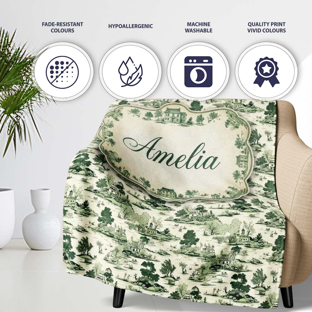 Vintage Pastoral Village River and Trees Scenic Toile Seamless Personalised Custom Name Super Soft Fleece Blanket Bed Sofa Throw