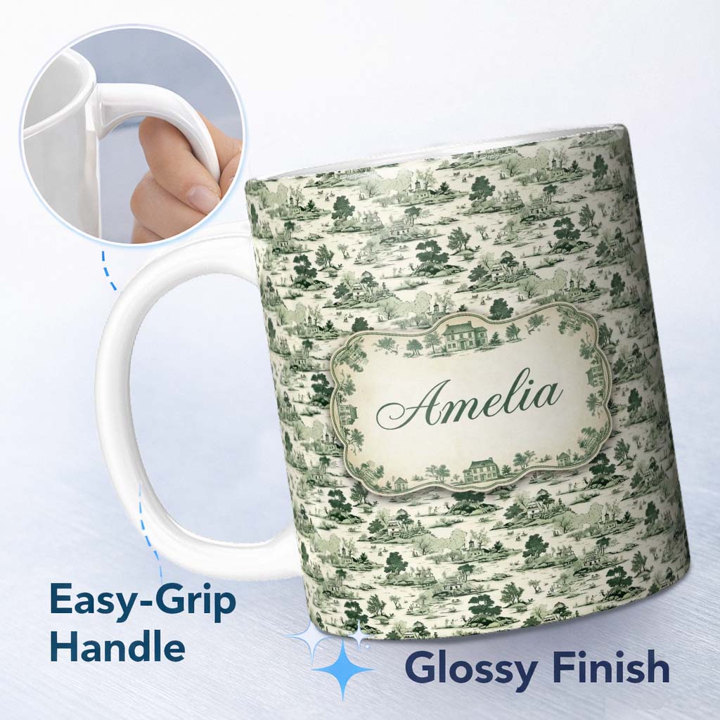 Personalized Custom Name Vintage Pastoral Village River and Trees Scenic Toile Seamless 11oz Ceramic Coffee Tea Mug White Large Handle
