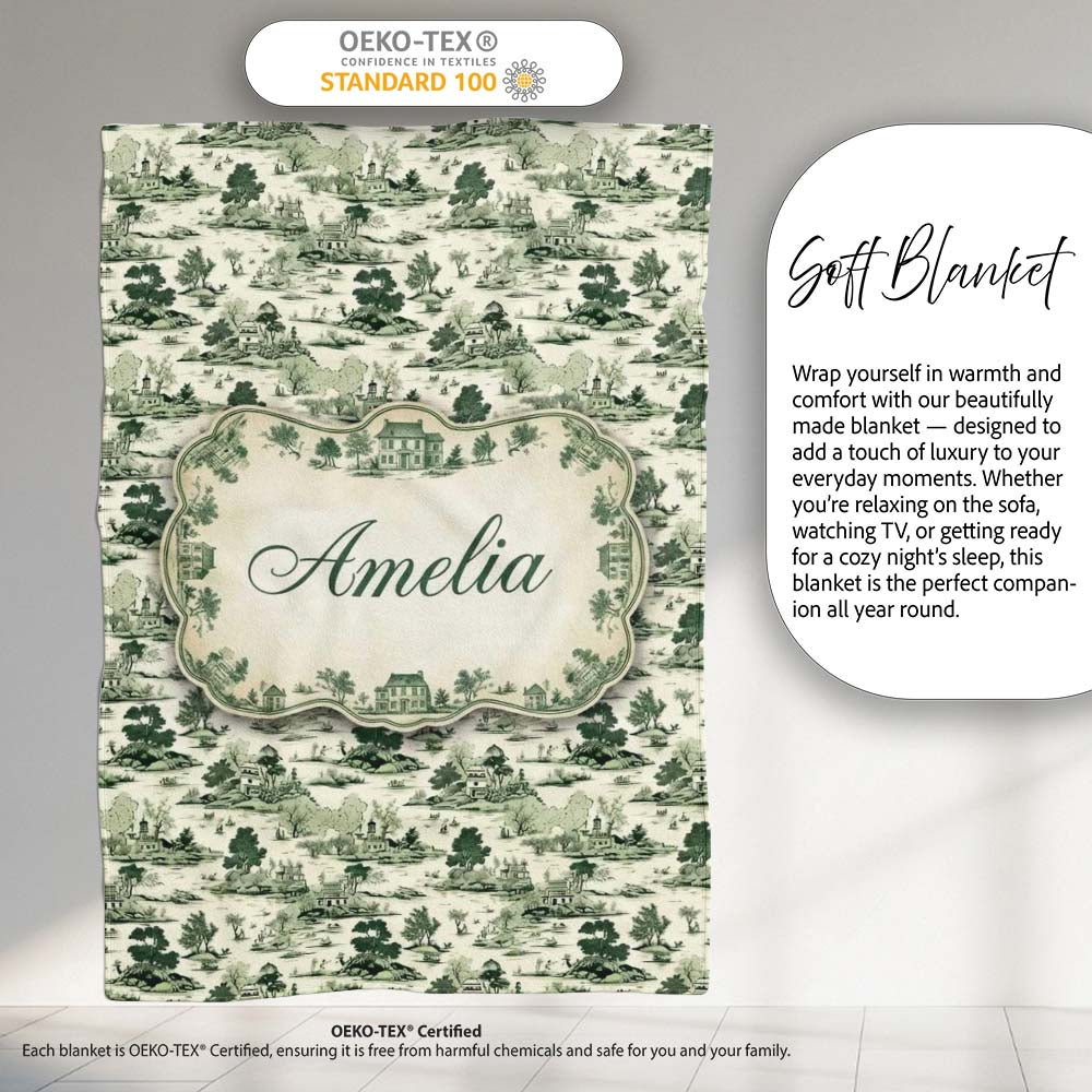 Vintage Pastoral Village River and Trees Scenic Toile Seamless Personalised Custom Name Super Soft Fleece Blanket Bed Sofa Throw
