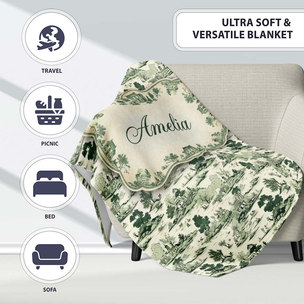 Vintage Pastoral Village River and Trees Scenic Toile Seamless Personalised Custom Name Super Soft Fleece Blanket Bed Sofa Throw