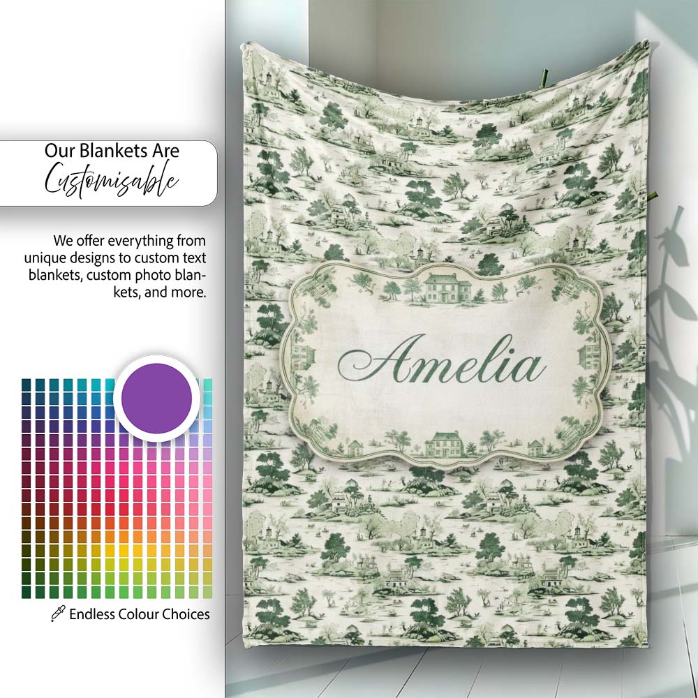 Vintage Pastoral Village River and Trees Scenic Toile Seamless Personalised Custom Name Super Soft Fleece Blanket Bed Sofa Throw