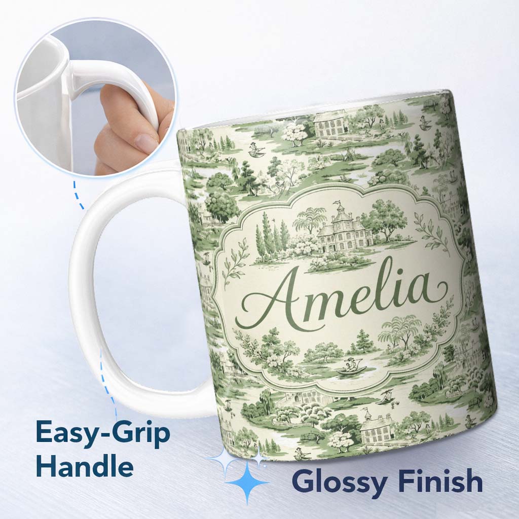 Personalized Custom Name Elegant Countryside Estate Garden Scenic Toile Design Seamless 11oz Ceramic Coffee Tea Mug White Large Handle