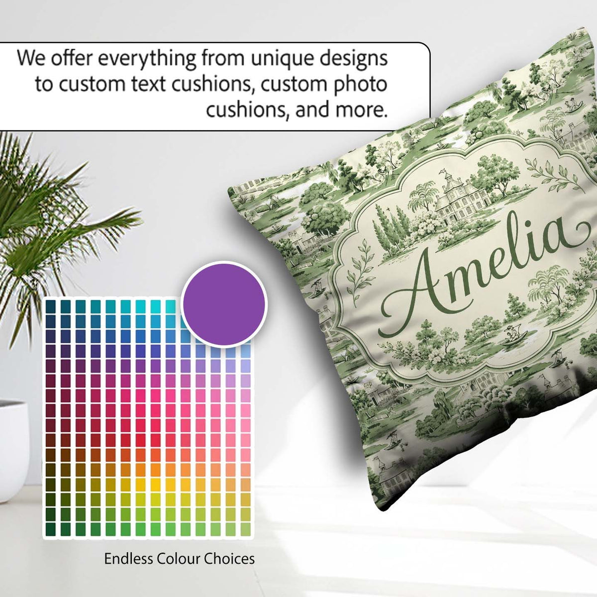 Custom Name Elegant Estate Garden Scenic Toile Design Seamless Square Filled Cushion Throw Pillow Sofa Bed Home Decor Zip Washable UK Made