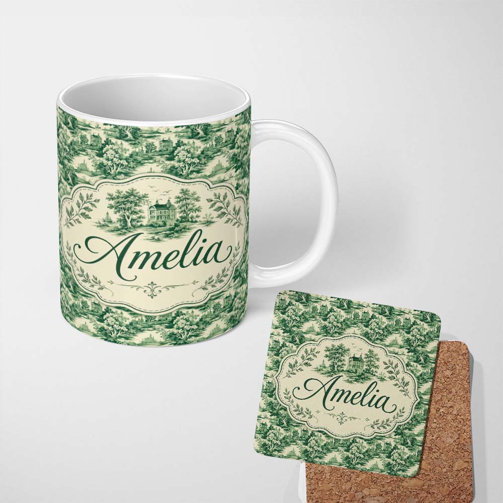 Personalized Custom Name Traditional Green Toile Woodland Estate Scenic Nature Seamless 11oz Ceramic Coffee Tea Mug White Large Handle