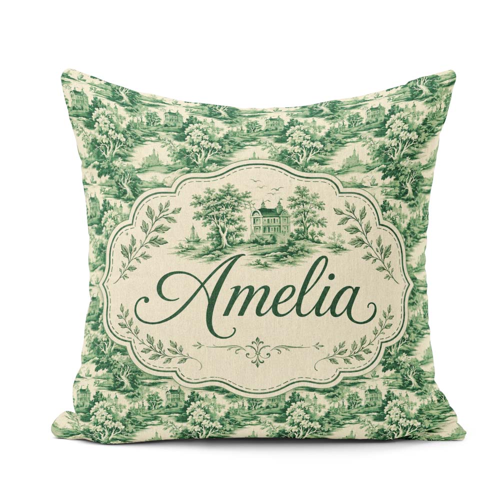 Custom Name Green Toile Woodland Estate Scenic Nature Seamless Square Filled Cushion Throw Pillow Sofa Bed Home Decor Zip Washable UK Made
