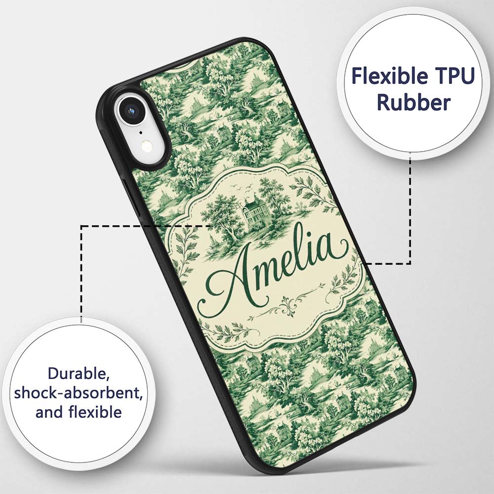 Traditional Green Toile Woodland Estate Scenic Custom Name Protective Phone Case Mobile Cover Durable Everyday Smartphone Shock Resistant