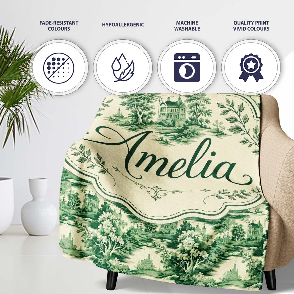 Traditional Green Toile Woodland Estate Scenic Nature Seamless Personalised Custom Name Super Soft Fleece Blanket Bed Sofa Throw