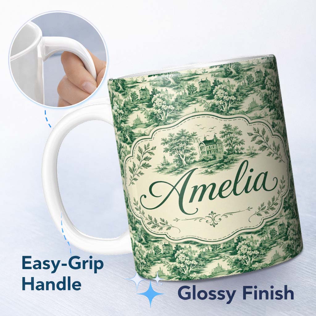 Personalized Custom Name Traditional Green Toile Woodland Estate Scenic Nature Seamless 11oz Ceramic Coffee Tea Mug White Large Handle