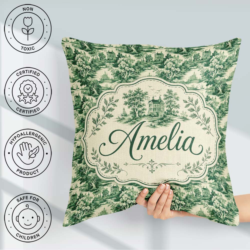 Custom Name Green Toile Woodland Estate Scenic Nature Seamless Square Filled Cushion Throw Pillow Sofa Bed Home Decor Zip Washable UK Made