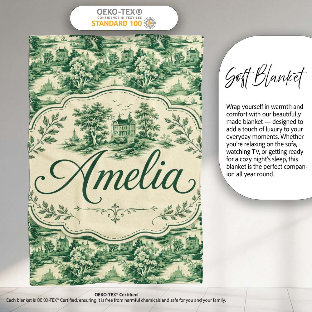 Traditional Green Toile Woodland Estate Scenic Nature Seamless Personalised Custom Name Super Soft Fleece Blanket Bed Sofa Throw