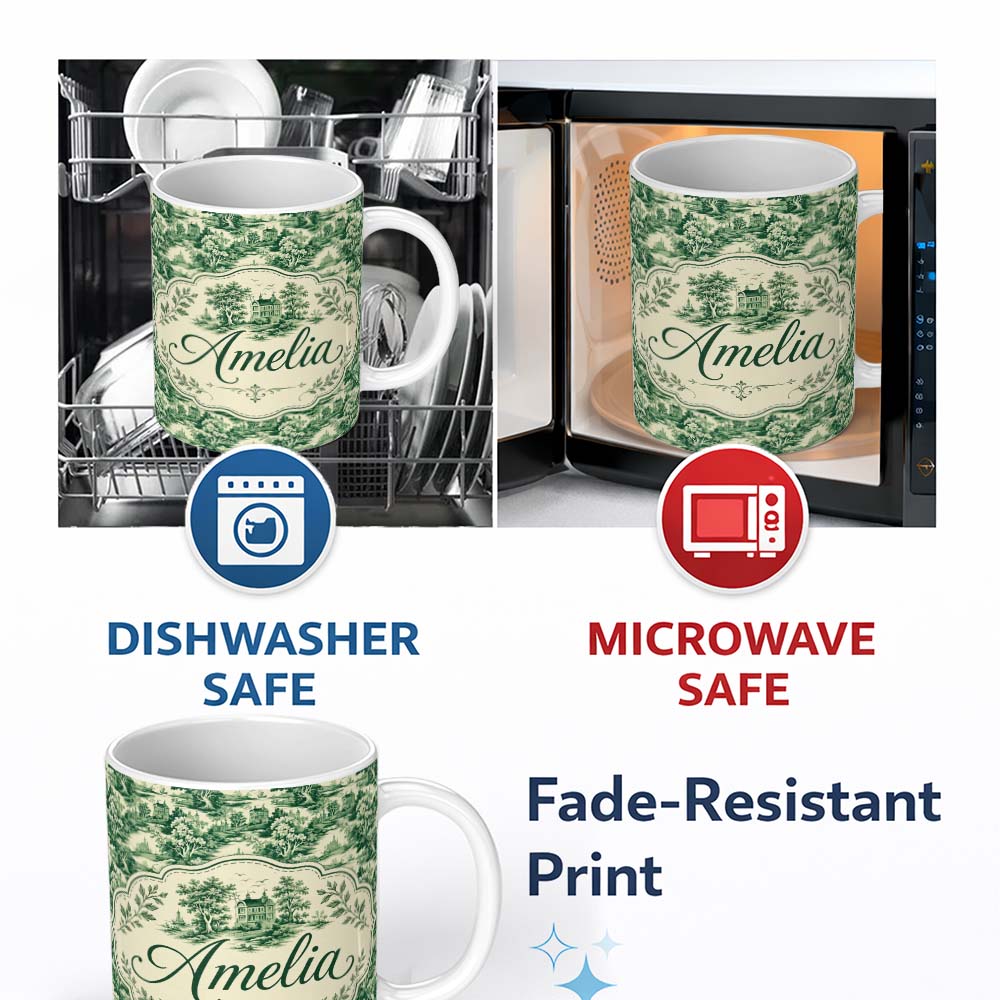 Personalized Custom Name Traditional Green Toile Woodland Estate Scenic Nature Seamless 11oz Ceramic Coffee Tea Mug White Large Handle