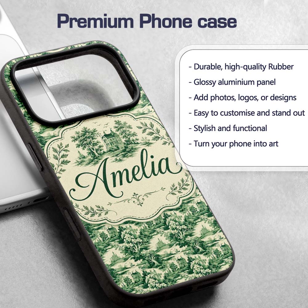 Traditional Green Toile Woodland Estate Scenic Custom Name Protective Phone Case Mobile Cover Durable Everyday Smartphone Shock Resistant
