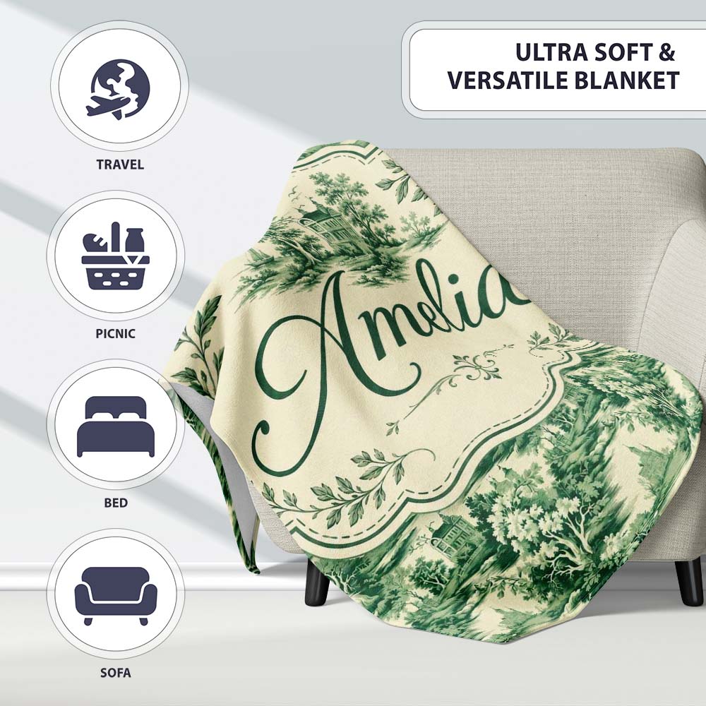 Traditional Green Toile Woodland Estate Scenic Nature Seamless Personalised Custom Name Super Soft Fleece Blanket Bed Sofa Throw