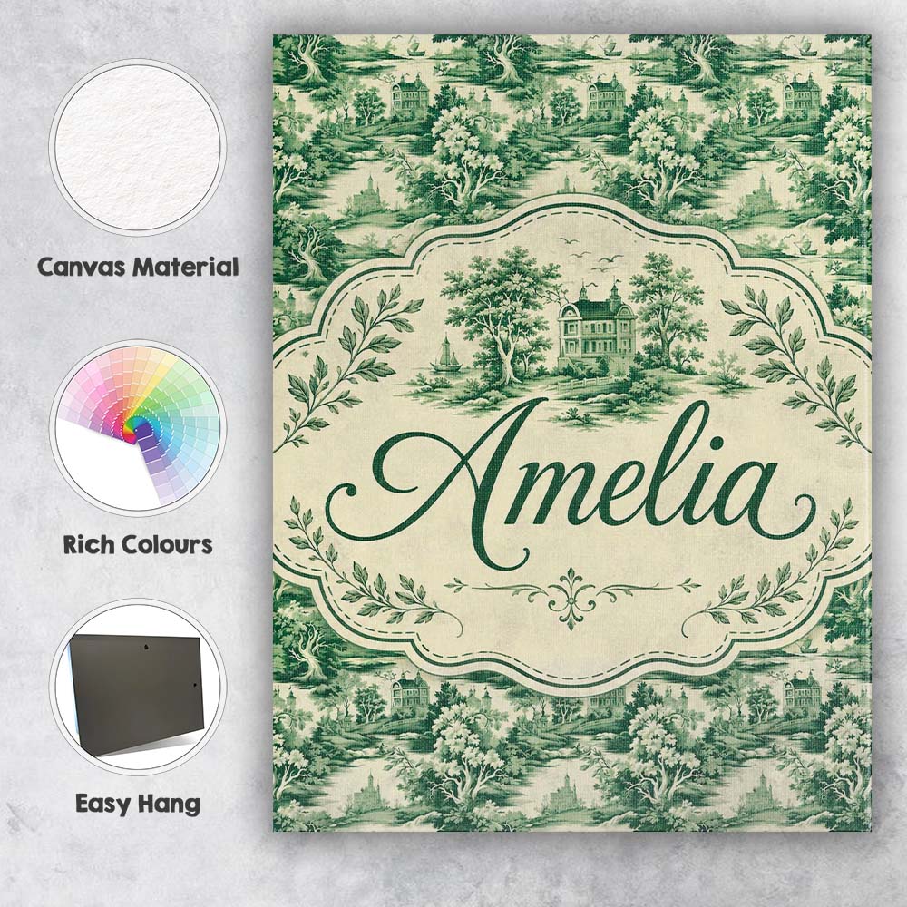 Personalised Name Traditional Green Toile Custom Unique Gift Idea Elegant Feature Canvas Wall Art Print Decor Picture Ready to Hang