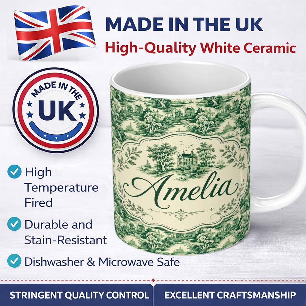Personalized Custom Name Traditional Green Toile Woodland Estate Scenic Nature Seamless 11oz Ceramic Coffee Tea Mug White Large Handle