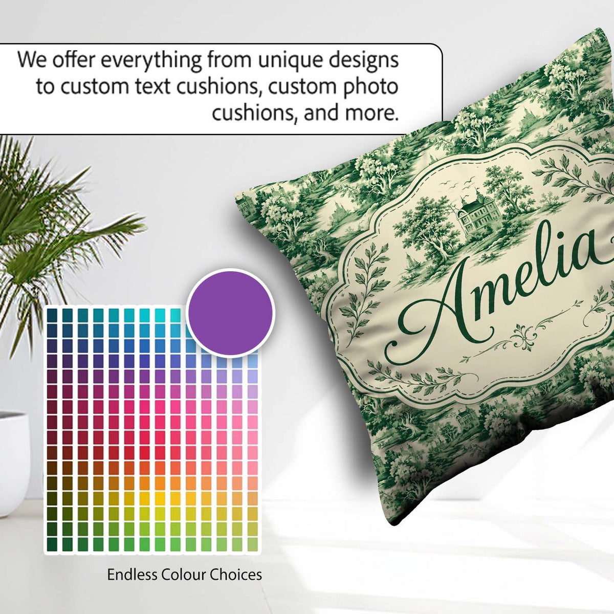 Custom Name Green Toile Woodland Estate Scenic Nature Seamless Square Filled Cushion Throw Pillow Sofa Bed Home Decor Zip Washable UK Made