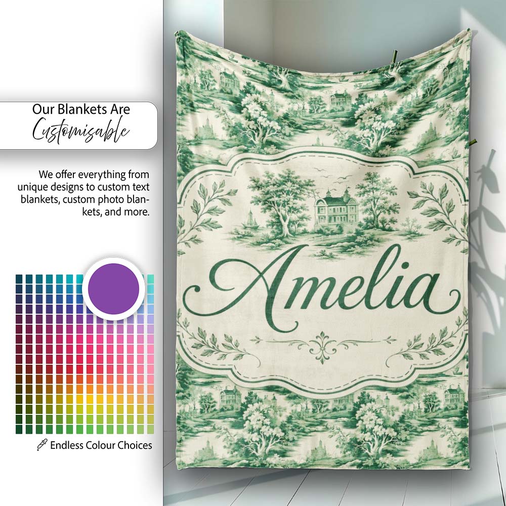 Traditional Green Toile Woodland Estate Scenic Nature Seamless Personalised Custom Name Super Soft Fleece Blanket Bed Sofa Throw