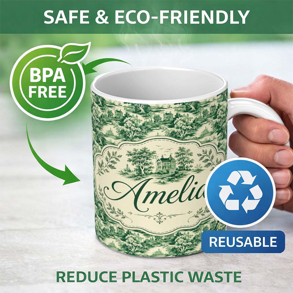 Personalized Custom Name Traditional Green Toile Woodland Estate Scenic Nature Seamless 11oz Ceramic Coffee Tea Mug White Large Handle