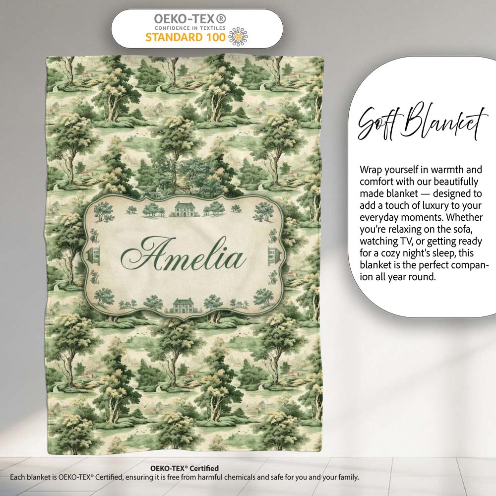 Vintage Botanical Garden with Architecture Scenic Toile Seamless Personalised Custom Name Super Soft Fleece Blanket Bed Sofa Throw