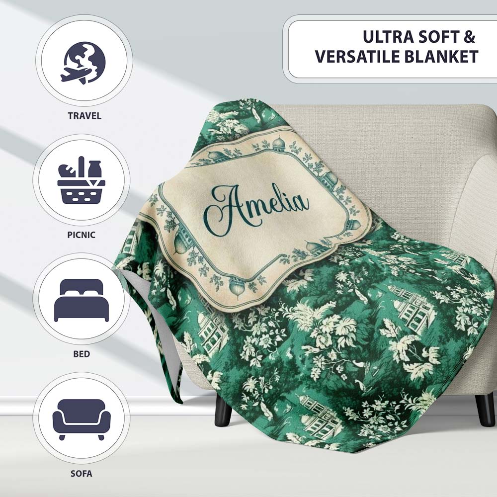 Classic Countryside Trees River Landscape Toile Seamless Pattern Personalised Custom Name Super Soft Fleece Blanket Bed Sofa Throw