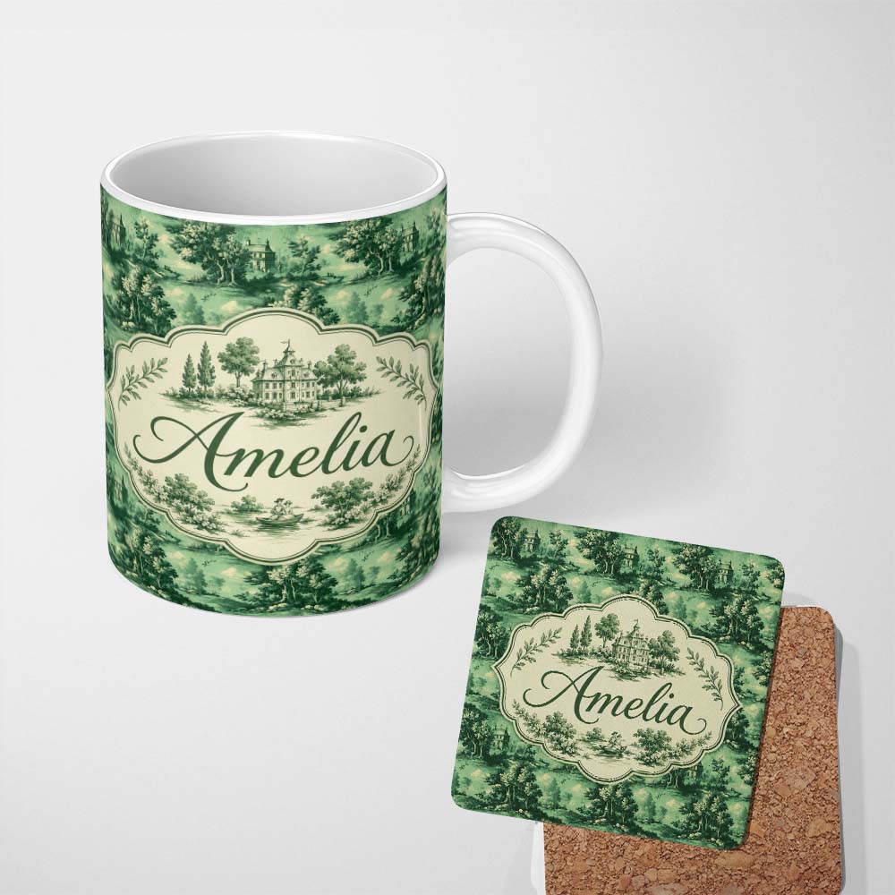 Personalized Custom Name Detailed Floral Garden with Palace Scenic Toile Seamless Pattern 11oz Ceramic Coffee Tea Mug White Large Handle