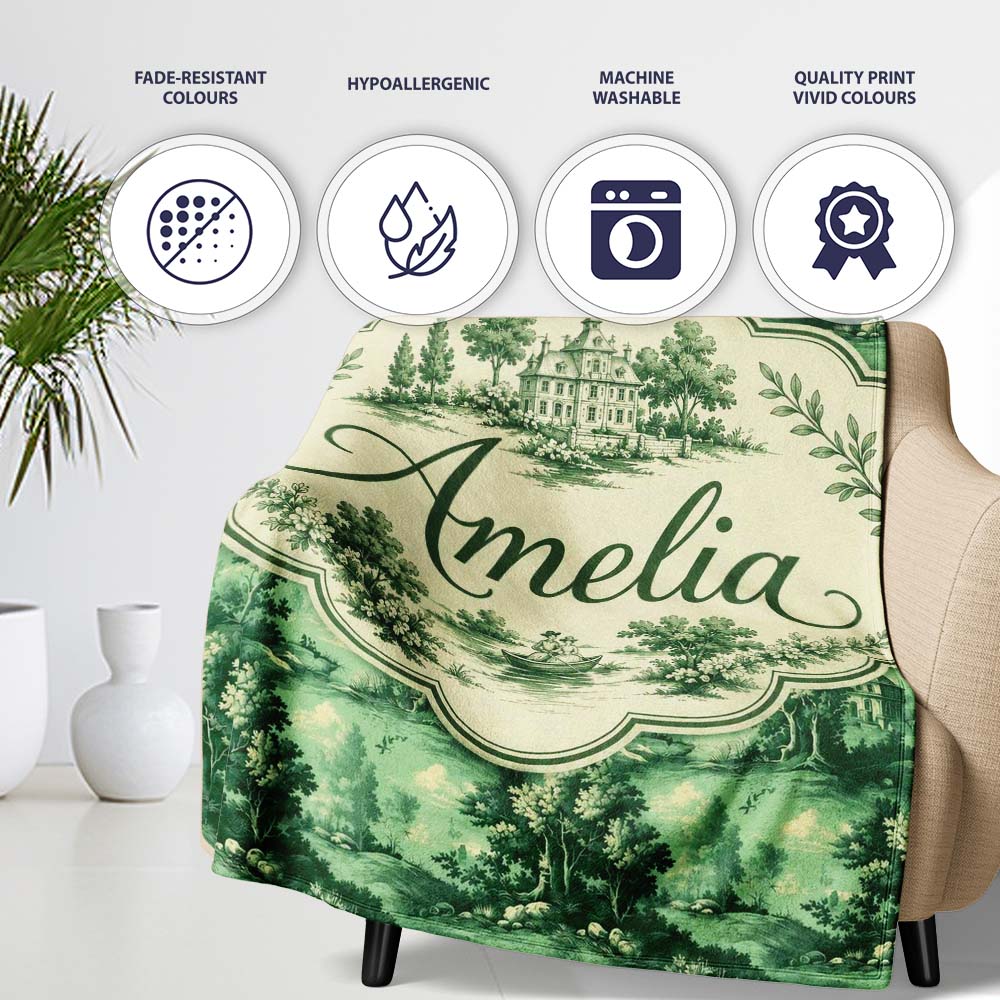 Detailed Floral Garden with Palace Scenic Toile Seamless Pattern Personalised Custom Name Super Soft Fleece Blanket Bed Sofa Throw