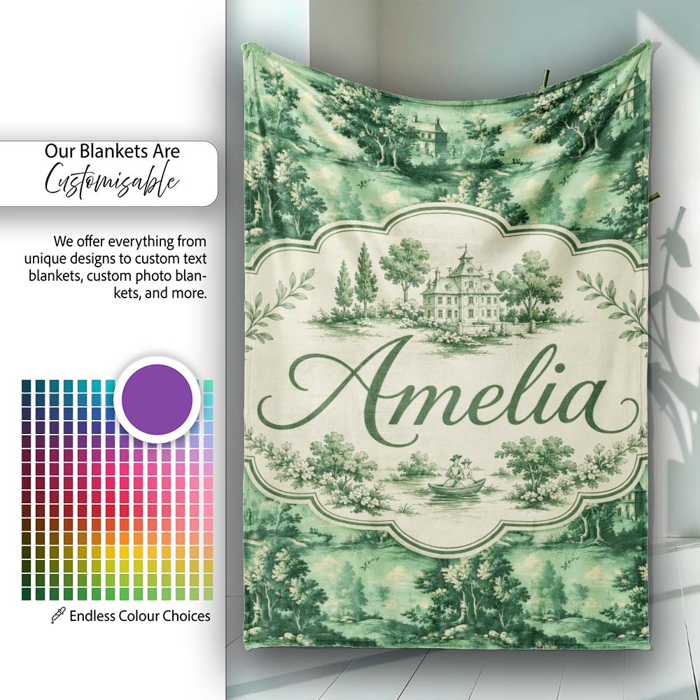 Detailed Floral Garden with Palace Scenic Toile Seamless Pattern Personalised Custom Name Super Soft Fleece Blanket Bed Sofa Throw