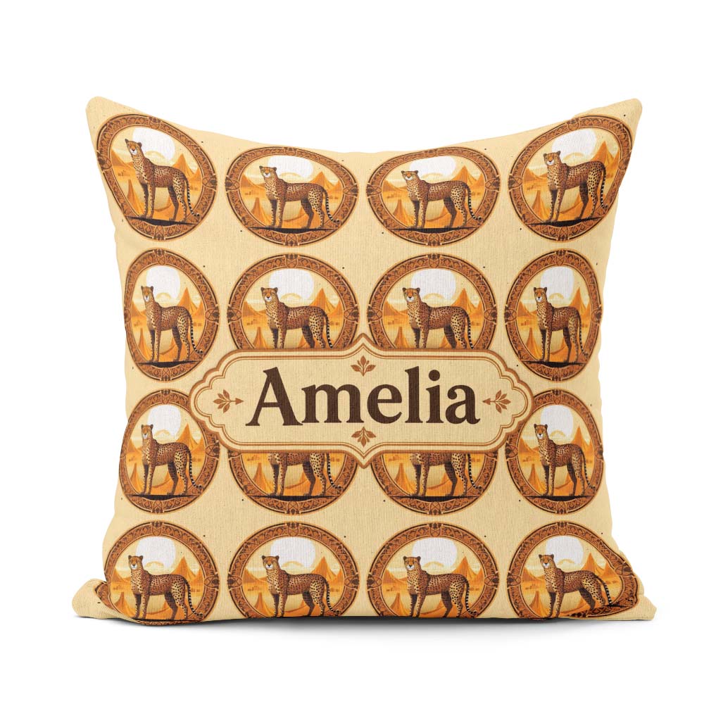 Custom Name Ornate Desert Cheetah Medallion Tribal Frame Pattern Square Filled Cushion Throw Pillow Sofa Bed Home Decor Zip Washable UK Made