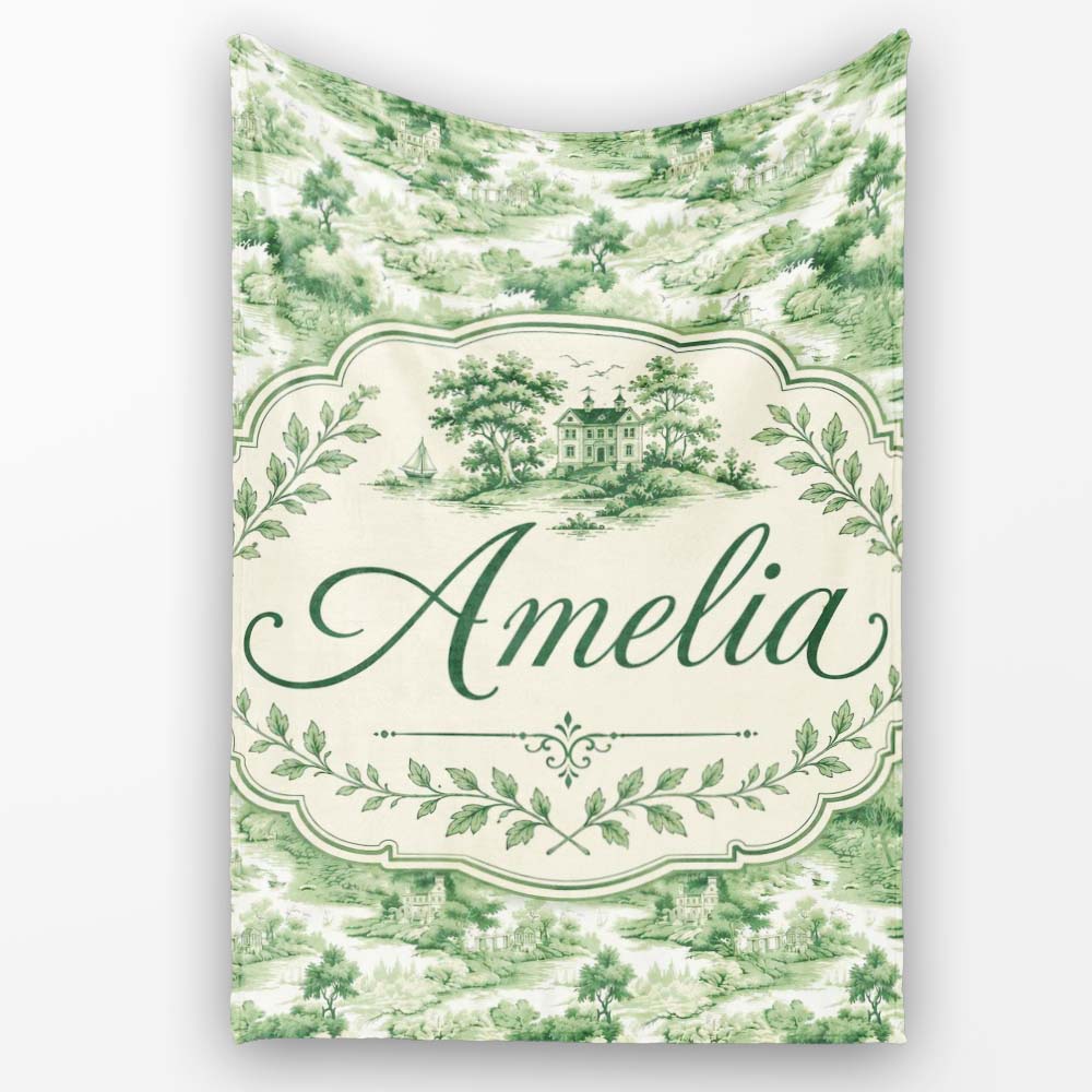 Soft Green Countryside River Village Scenic Toile Seamless Pattern Personalised Custom Name Super Soft Fleece Blanket Bed Sofa Throw
