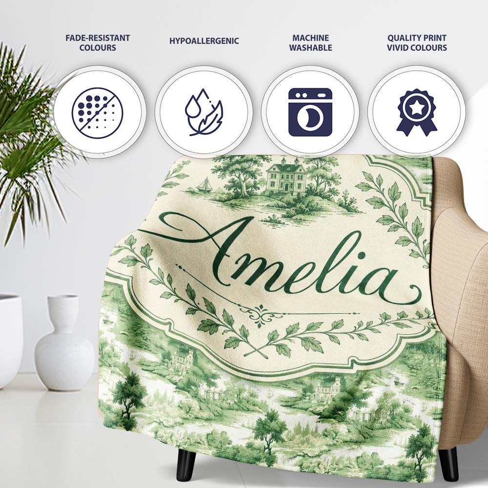 Soft Green Countryside River Village Scenic Toile Seamless Pattern Personalised Custom Name Super Soft Fleece Blanket Bed Sofa Throw