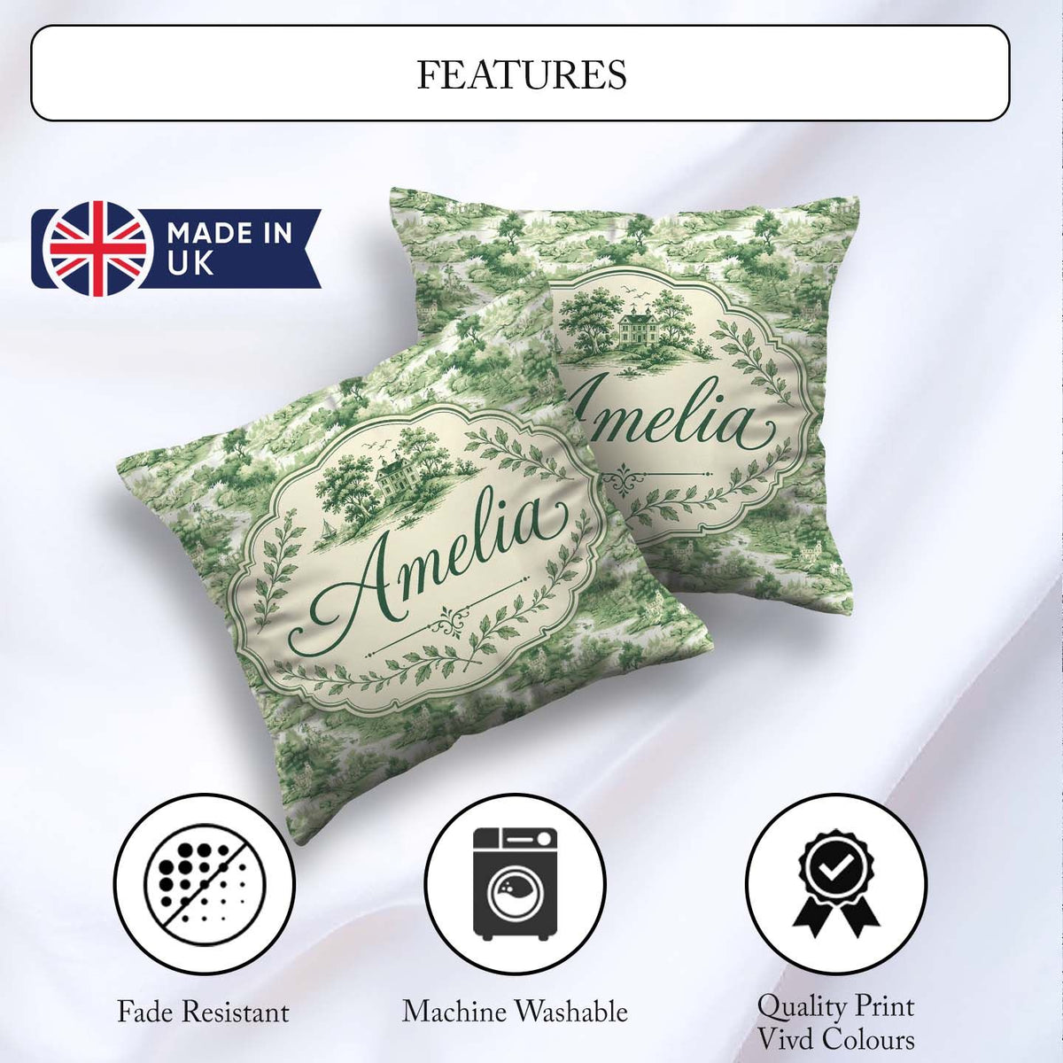 Custom Name Soft Green Countryside River Village Scenic Seamless Square Filled Cushion Throw Pillow Sofa Bed Home Decor Zip Washable UK Made
