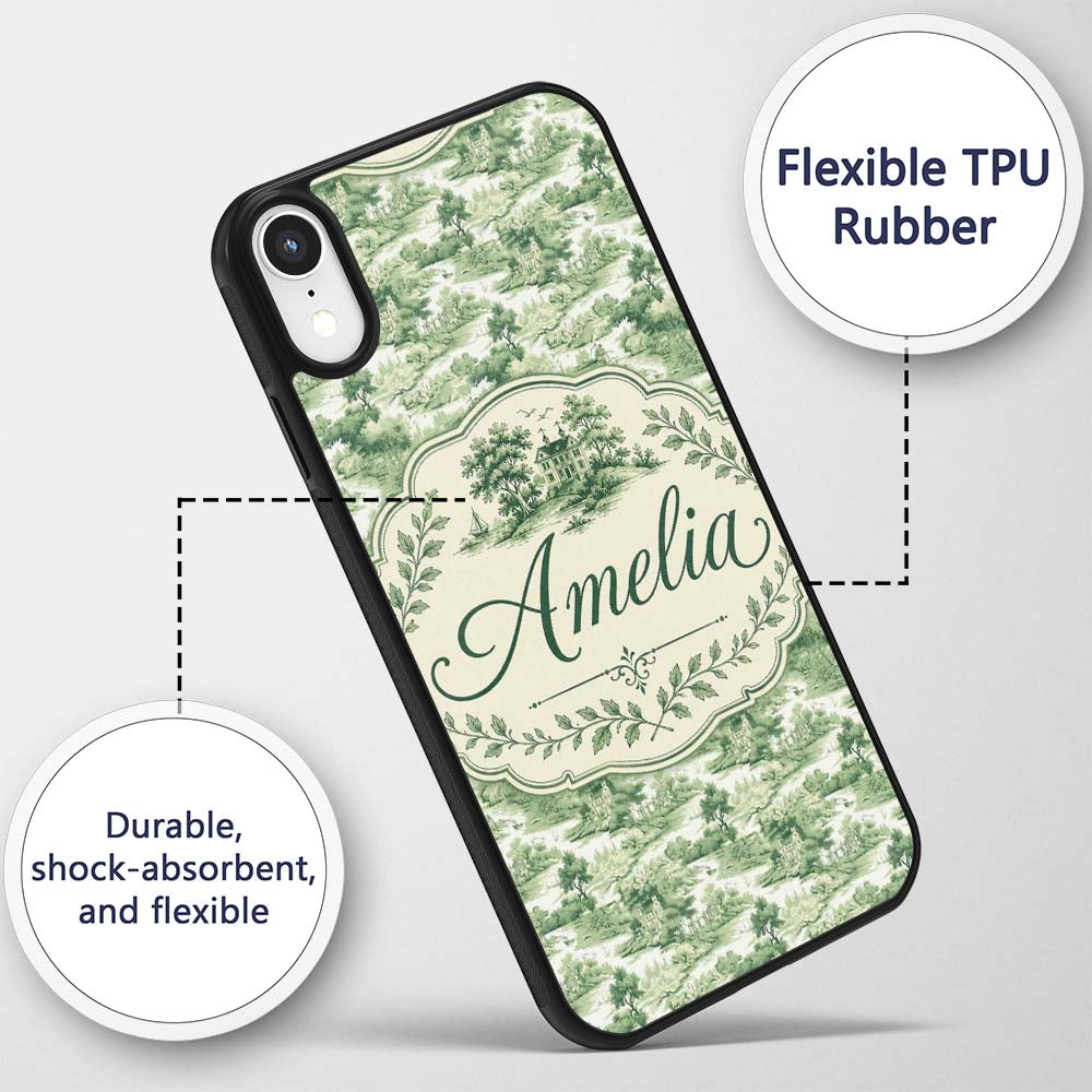 Soft Green Countryside River Village Scenic Toile Custom Name Protective Phone Case Mobile Cover Durable Everyday Smartphone Shock Resistant